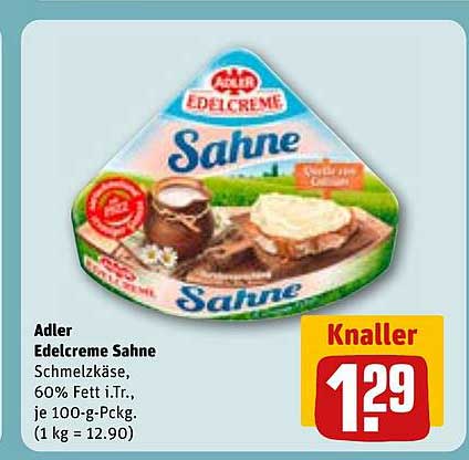 Adler Edelcreme Sahne Schmelzkäse, 60% Fett i.Tr., je 100-g-Pckg.