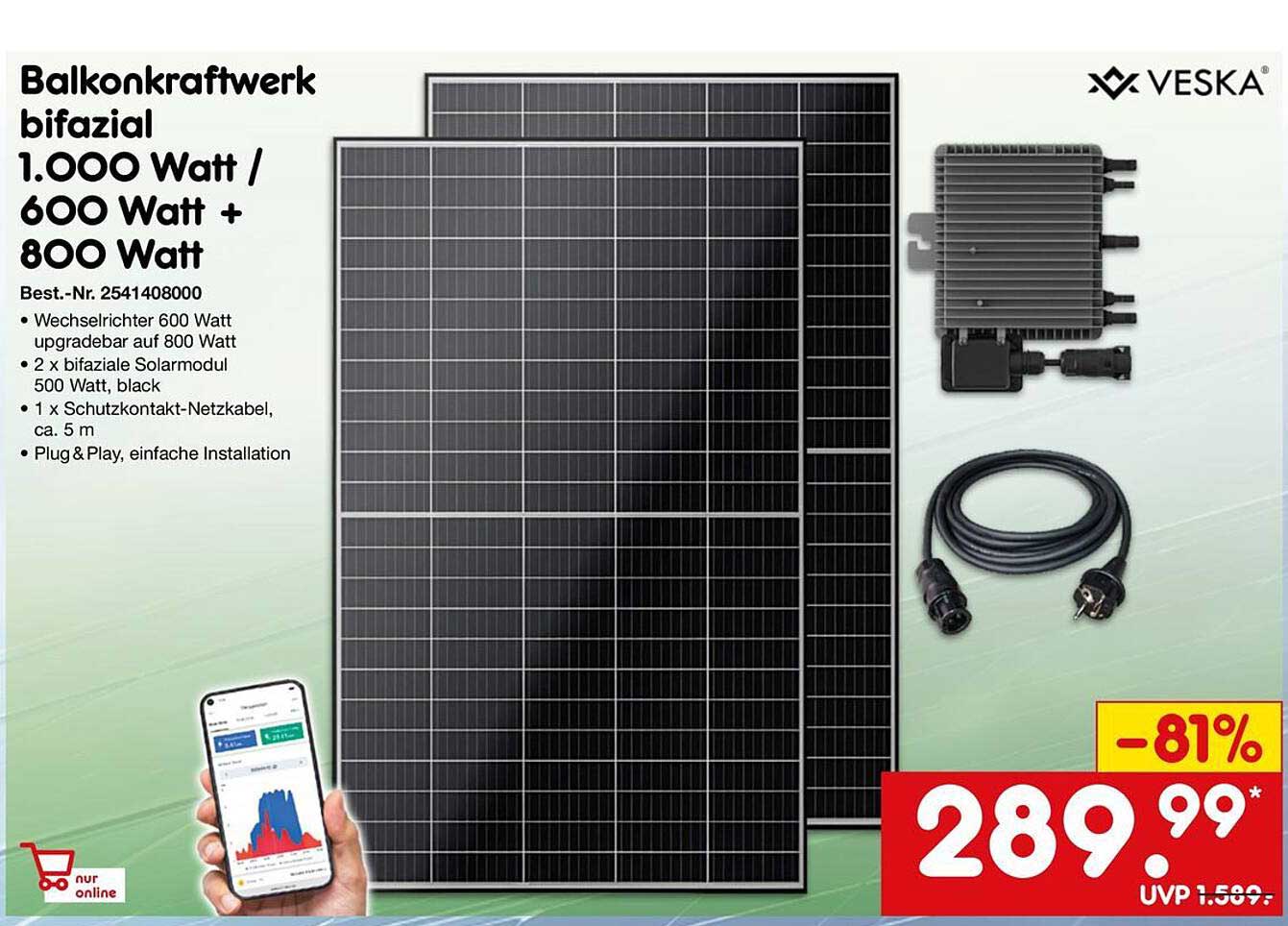 Balkonkraftwerk bifazial 1.000 Watt / 600 Watt + 800 Watt