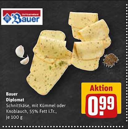 Bauer Diplomatschnittkäse mit Kümmel oder Knoblauch, 55% Fett i.Tr., je 100 g