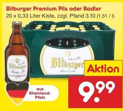 Bitburger Premium Pils oder Radler - 20 x 0,33 Liter Kiste