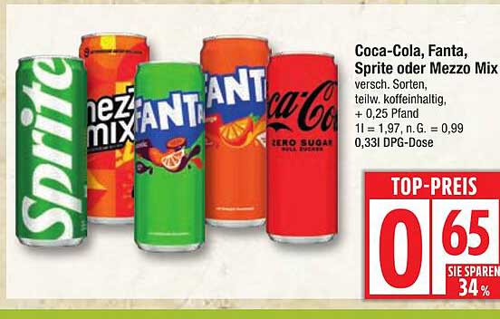 Coca-Cola, Fanta, Sprite oder Mezzo Mix - 0,33l DPG-Dose