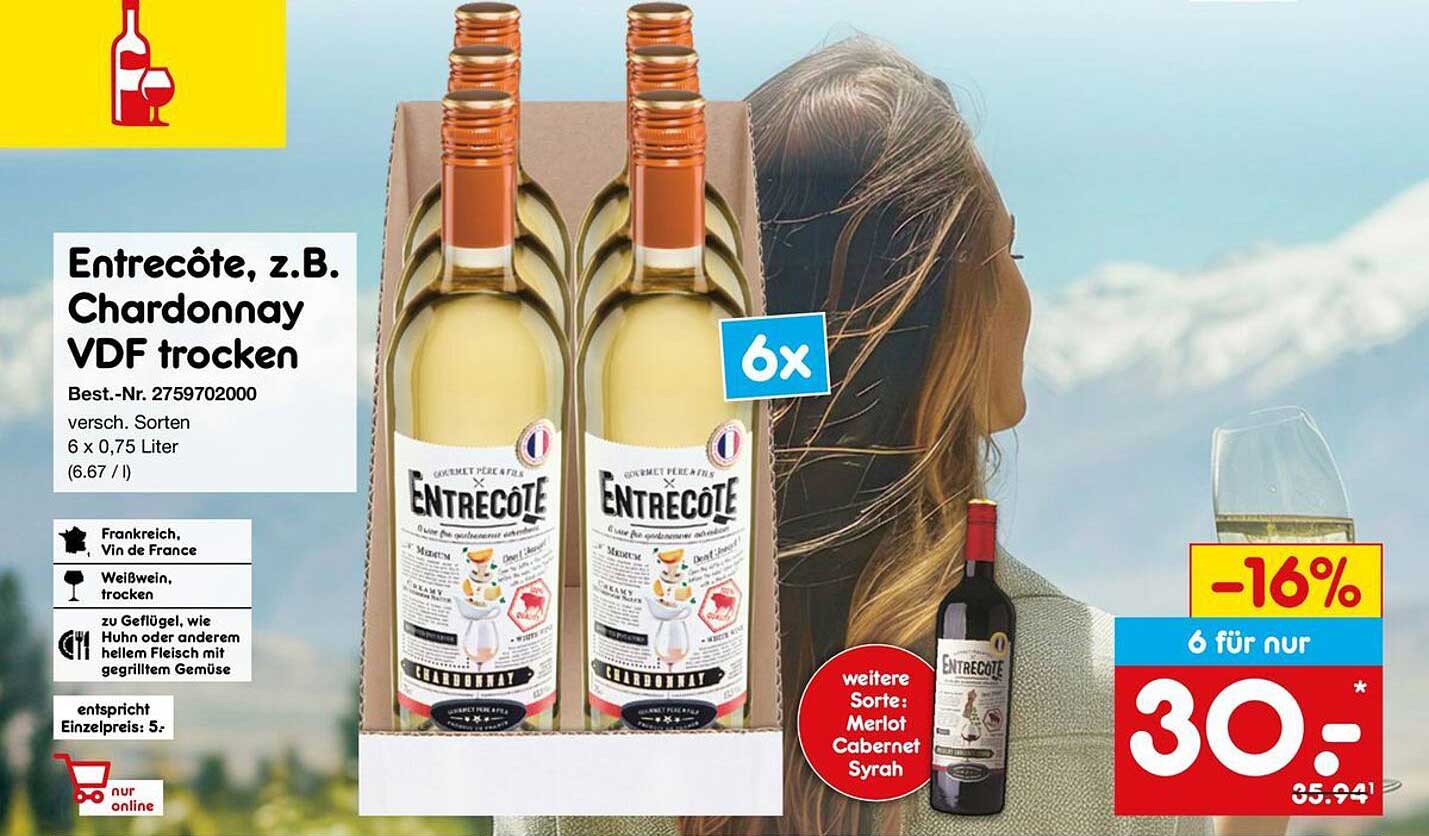 Entrecôte, z.B. Chardonnay VDF trocken – 6 Flaschen für 30 €