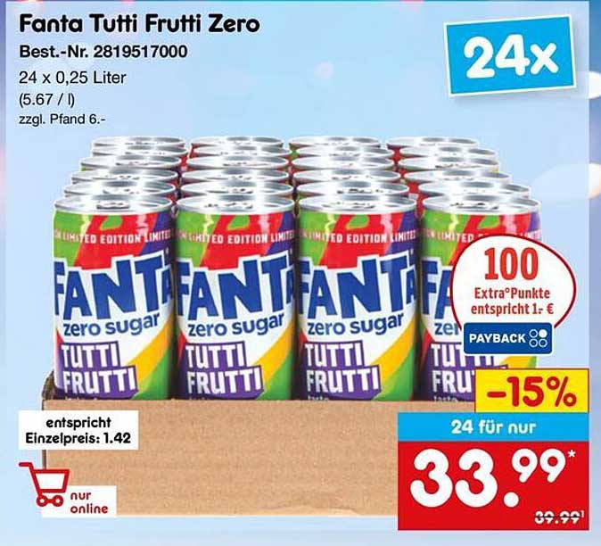 Fanta Tutti Frutti Zero - 24 Dosen à 0,25 Liter