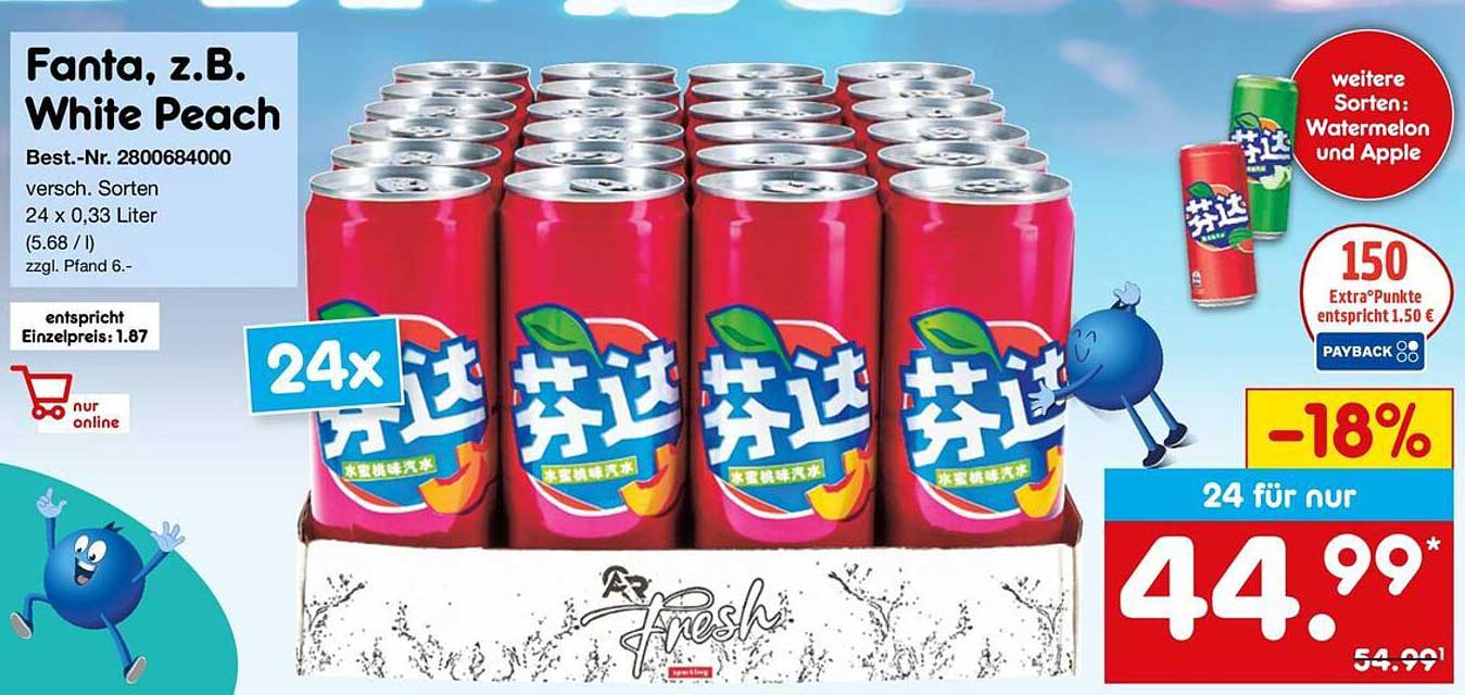 Fanta, z.B. White Peach – 24 x 0,33 Liter