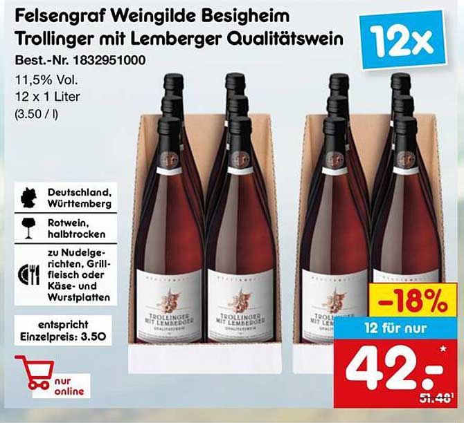 Felsengraf Weingilde Besigheim Trollinger mit Lemberger Qualitätswein 12x1L