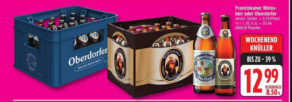 Franziskaner Weissbier oder Oberdorfer, 20x0,5l Flasche