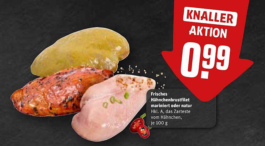Frisches Hähnchenbrustfilet mariniert oder natur Hkl. A, das Zarteste vom Hähnchen, je 100 g