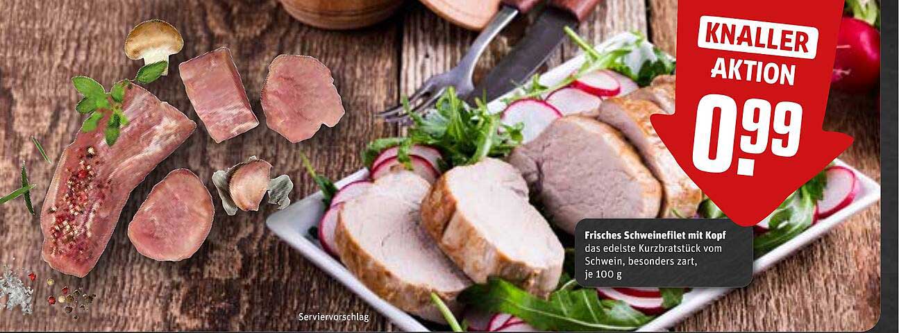 Frisches Schweinefilet mit Kopf - das edelste Kurzbratstück vom Schwein, besonders zart, je 100 g