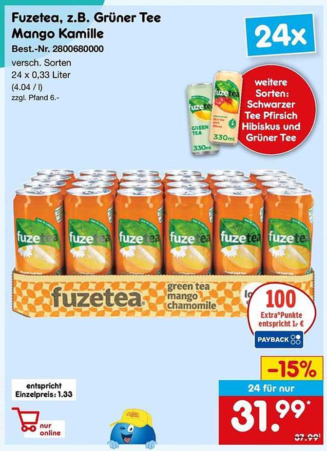 Fuzetea, z.B. Grüner Tee Mango Kamille - 24 x 0,33 Liter
