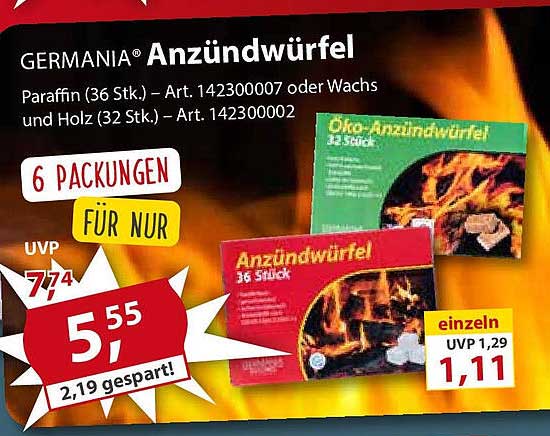 GERMANIA® Anzündwürfel – 36 Stück (Paraffin) oder 32 Stück (Wachs und Holz)