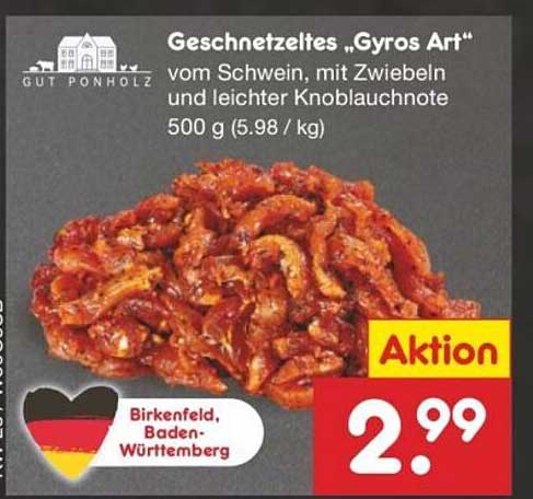Geschnetzeltes „Gyros Art“ vom Schwein, mit Zwiebeln und leichter Knoblauchnote