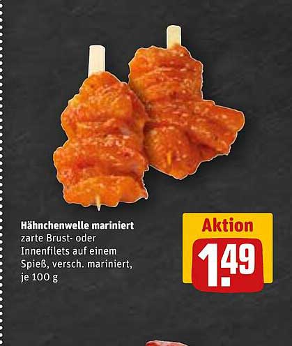 Hähnchenwelle mariniert, zarte Brust- oder Innenfilets auf einem Spieß, versch. mariniert, je 100 g