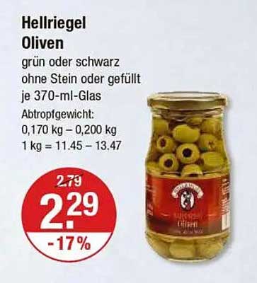 Hellriegel Oliven (grün oder schwarz, ohne Stein, gefüllt, 370-ml-Glas)