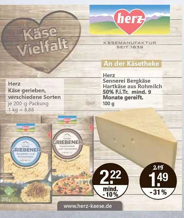 Herz Käse gerieben, verschiedene Sorten, 200-g-Packung