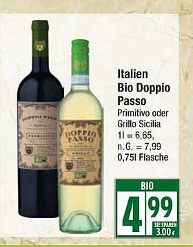 Italien Bio Doppio Passo Primitivo oder Grillo Sicilia 0,75l