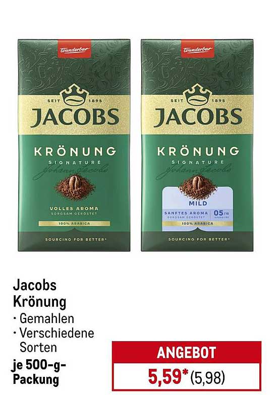Jacobs Krönung - Gemahlener Kaffee in verschiedenen Sorten, je 500-g-Packung