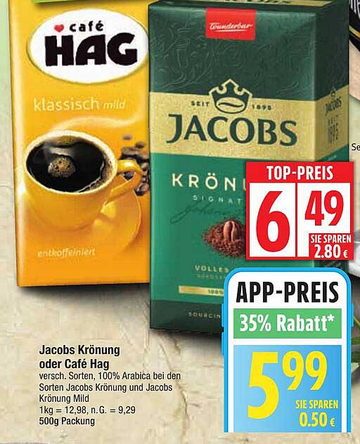 Jacobs Krönung oder Café Hag, 500g Packung