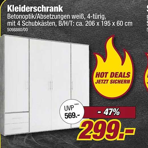 Kleiderschrank Betonoptik/Absetzungen weiß, 4-türig, mit 4 Schubkästen