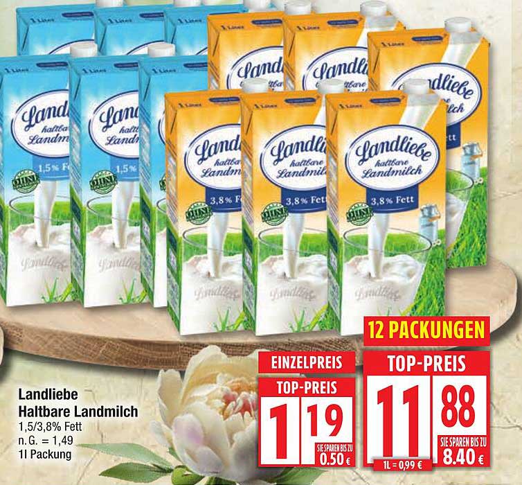 Landliebe Haltbare Landmilch 1,5%/3,8% Fett – 11 Packungen