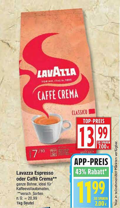 Lavazza Espresso oder Caffè Crema – Ganze Bohne, 1kg Beutel