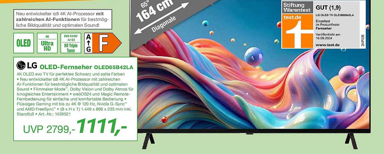 LG OLED-Fernseher OLED65B42LA - 4K OLED TV für perfektes Schwarz und satte Farben