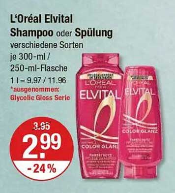 L'Oréal Elvital Shampoo oder Spülung verschiedene Sorten je 300-ml / 250-ml-Flasche
