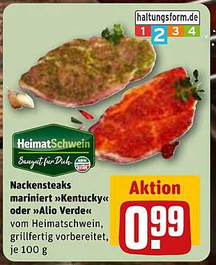 Nackensteaks mariniert »Kentucky« oder »Alio Verde« vom HeimatSchwein, grillfertig vorbereitet, je 100 g