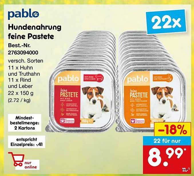 pablo Hundenahrung feine Pastete 22 x 150 g