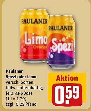 Paulaner Spezi oder Limo, 0,33-l-Dose für nur 0,59 €