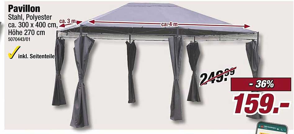 Pavillon Stahl, Polyester ca. 300 x 400 cm, Höhe 270 cm