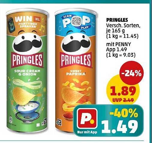 Pringles verschiedene Sorten, je 165 g - Nur mit PENNY App für 1,49 €