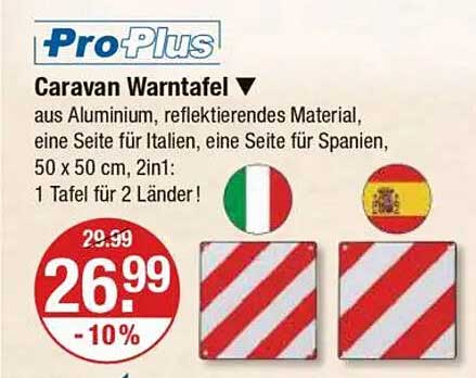 ProPlus Caravan Warntafel, 50 x 50 cm, 2in1 für Italien und Spanien