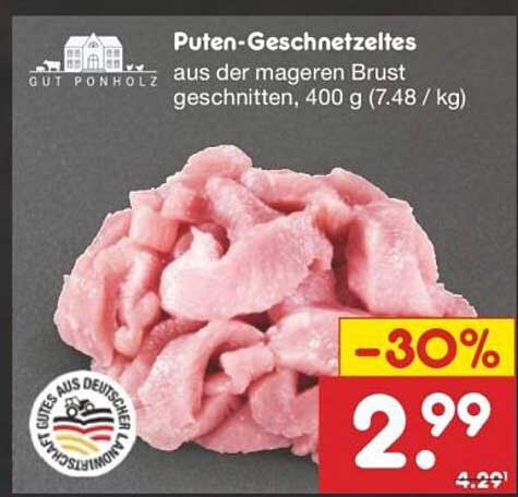 Puten-Geschnetzeltes aus der mageren Brust, 400 g (7,48 €/kg)