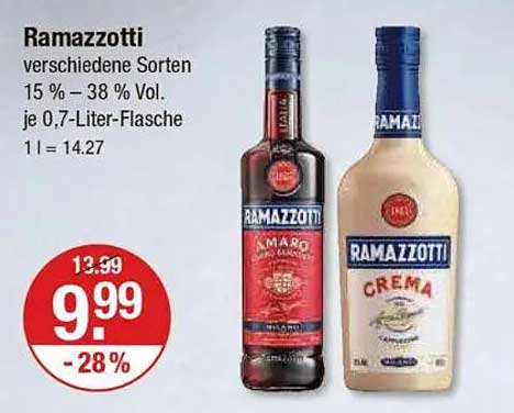 Ramazzotti verschiedene Sorten 15 % – 38 % Vol. je 0,7-Liter-Flasche