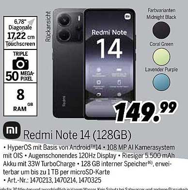 Redmi Note 14 (128GB) ab 30. Mai 2025 für nur 149,99 €