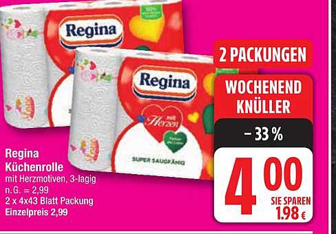 Regina Küchenrolle mit Herzmotiven, 3-lagig - Wochenendknüller