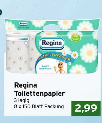 Regina Toilettenpapier 3 lagig, 8 x 150 Blatt Packung