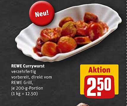 REWE Currywurst verzehrfertig, direkt vom REWE Grill, je 200-g-Portion