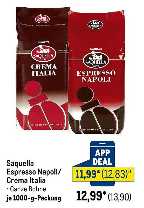 Saquella Espresso Napoli/Crema Italia - Ganze Bohne je 1000-g-Packung