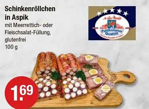 Schinkenröllchen in Aspik mit Meerrettich- oder Fleischsalat-Füllung, glutenfrei 100 g