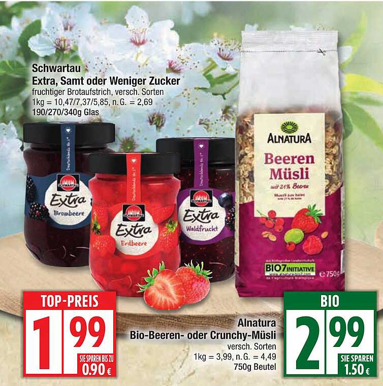 Schwartau Extra, Samt oder Weniger Zucker und Alnatura Bio-Beeren- oder Crunchy-Müsli