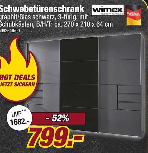 Schwebetüren-schrank graphit/Glas schwarz, 3-türig, mit Schubkästen