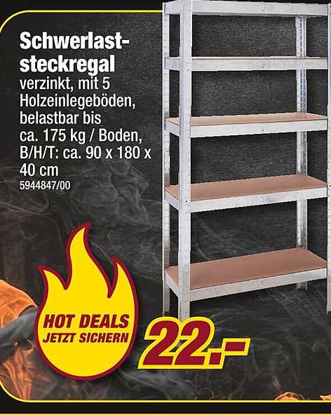 Schwerlast-steckregal verzinkt, mit 5 Holzlegeböden, belastbar bis ca. 175 kg/Boden