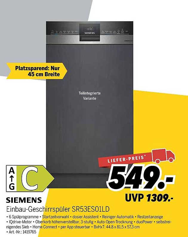 Siemens Einbau-Geschirrspüler SR53ES01LD - Teilintegrierte Variante