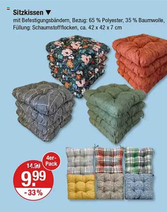 Sitzkissen 4er-Pack mit Befestigungsbändern