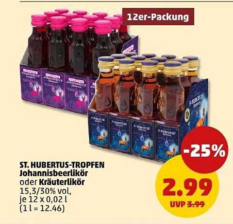 ST. HUBERTUS-TROPFEN Johannisbeerlikör oder Kräuterlikör 12er-Packung