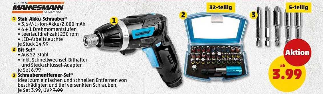 Stab-Akku-Schrauber, inkl. Bit-Set und Schraubentferner-Set