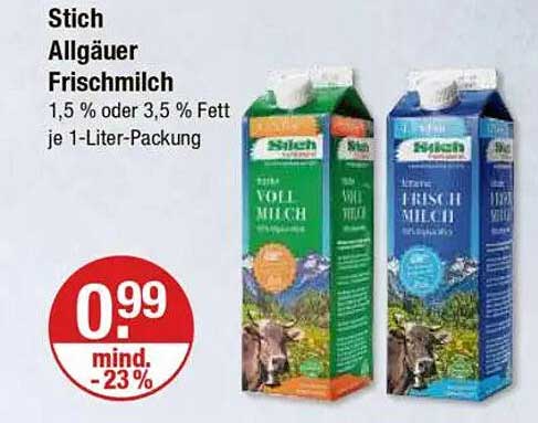 Stich Allgäuer Frischmilch 1,5 % oder 3,5 % Fett je 1-Liter-Packung