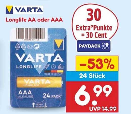 VARTA Longlife AA oder AAA – 24 Stück für nur 6,99 €