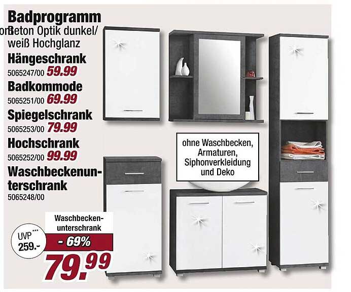 Waschbeckenunterschrank in Beton Optik dunkel/weiß Hochglanz